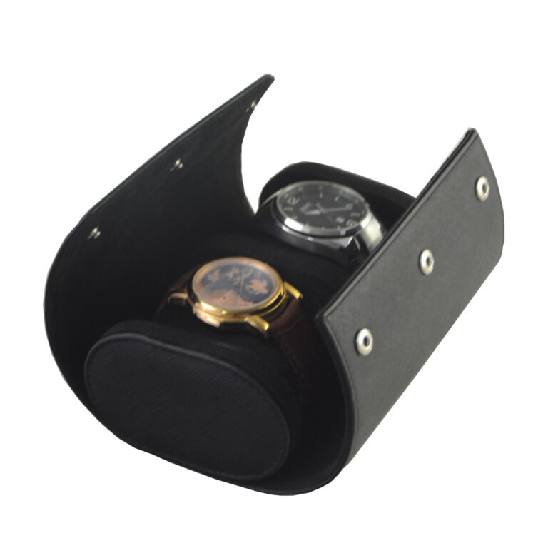 Black PU Leather 2 Watch Travel Case for Portable Storage