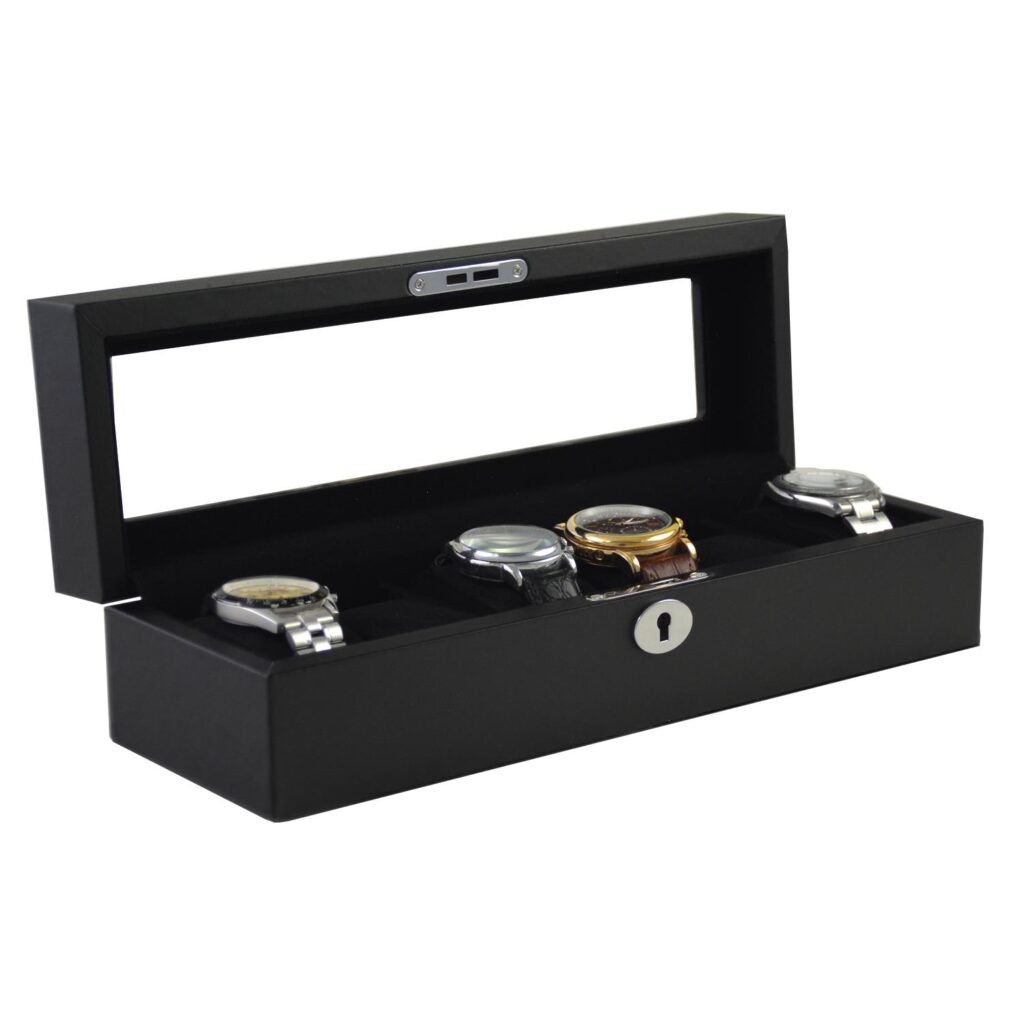 Black watch box with acrylic window showing watch display area