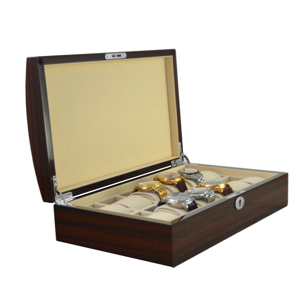 Watch collector case with metal lock detail and glossy finish