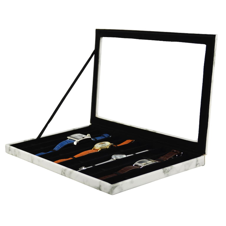 Marble White PU Leather 10 Watch Display Case with Acrylic Window