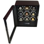 Open ebony 9 watch winder with nine winding positions, black interior and touchscreen panel