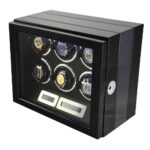 Side view of 6 watch winder with carbon fiber finish and fingerprint lock detail