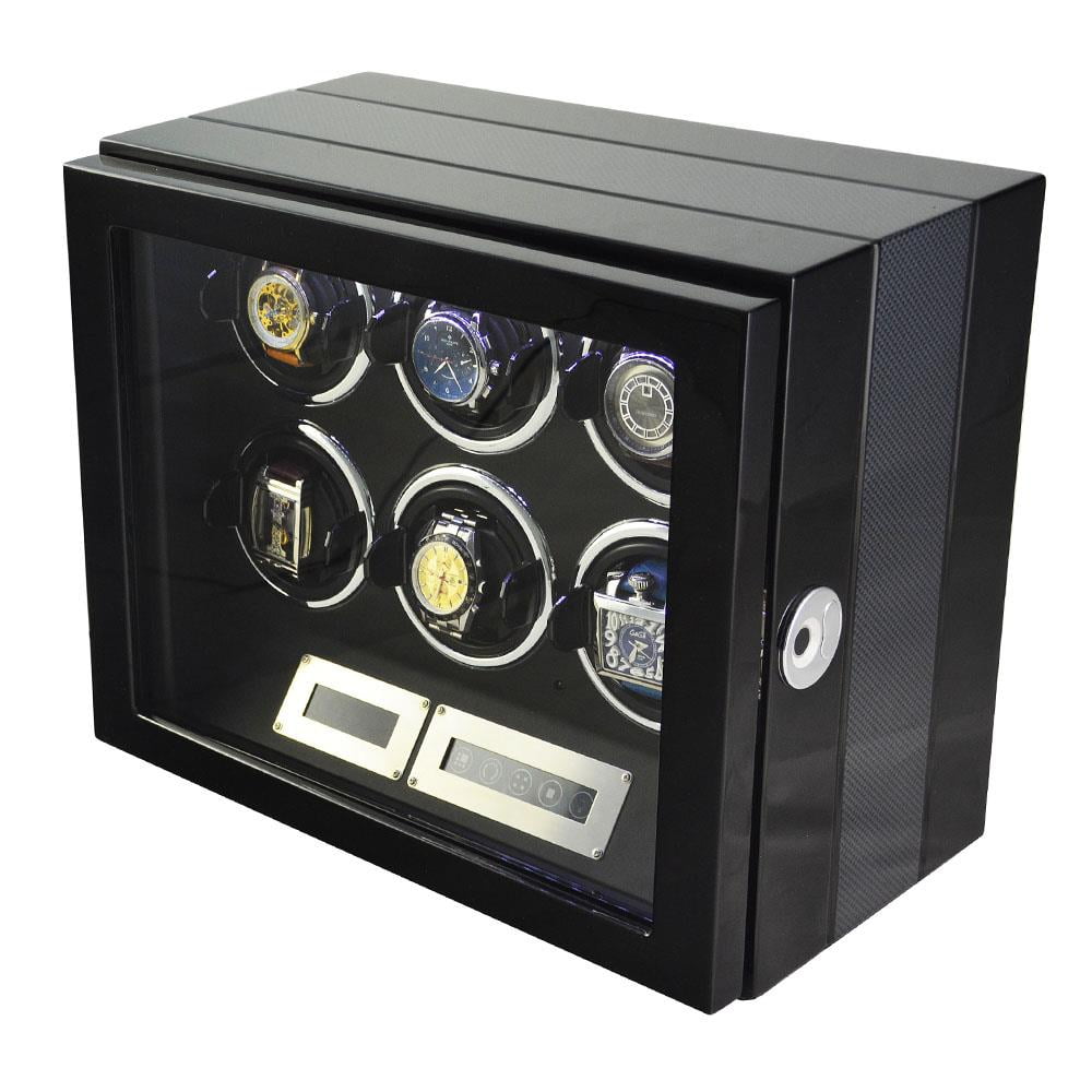Side view of 6 watch winder with carbon fiber finish and fingerprint lock detail