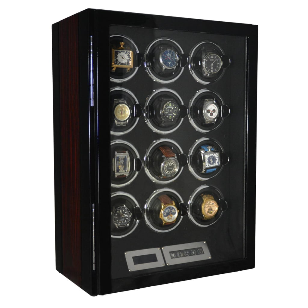 12 watch winder angled view with ebony side finish, tempered glass door and twelve displayed watches