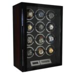 12 watch winder angled view with ebony side finish, tempered glass door and twelve displayed watches