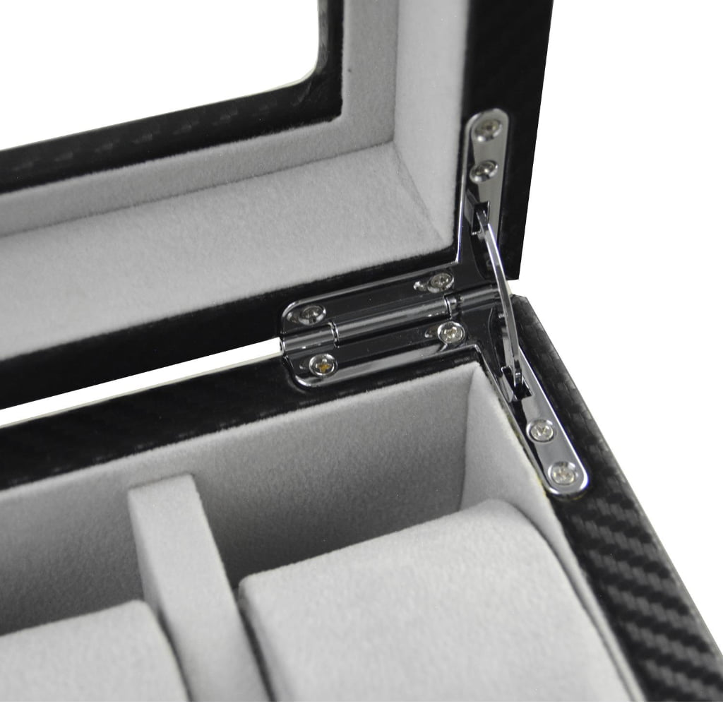 Carbon fiber watch box interior detail showing metal hinge and lid support hardware