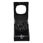 Open black 2-watch winder front view with two watches and tempered glass lid