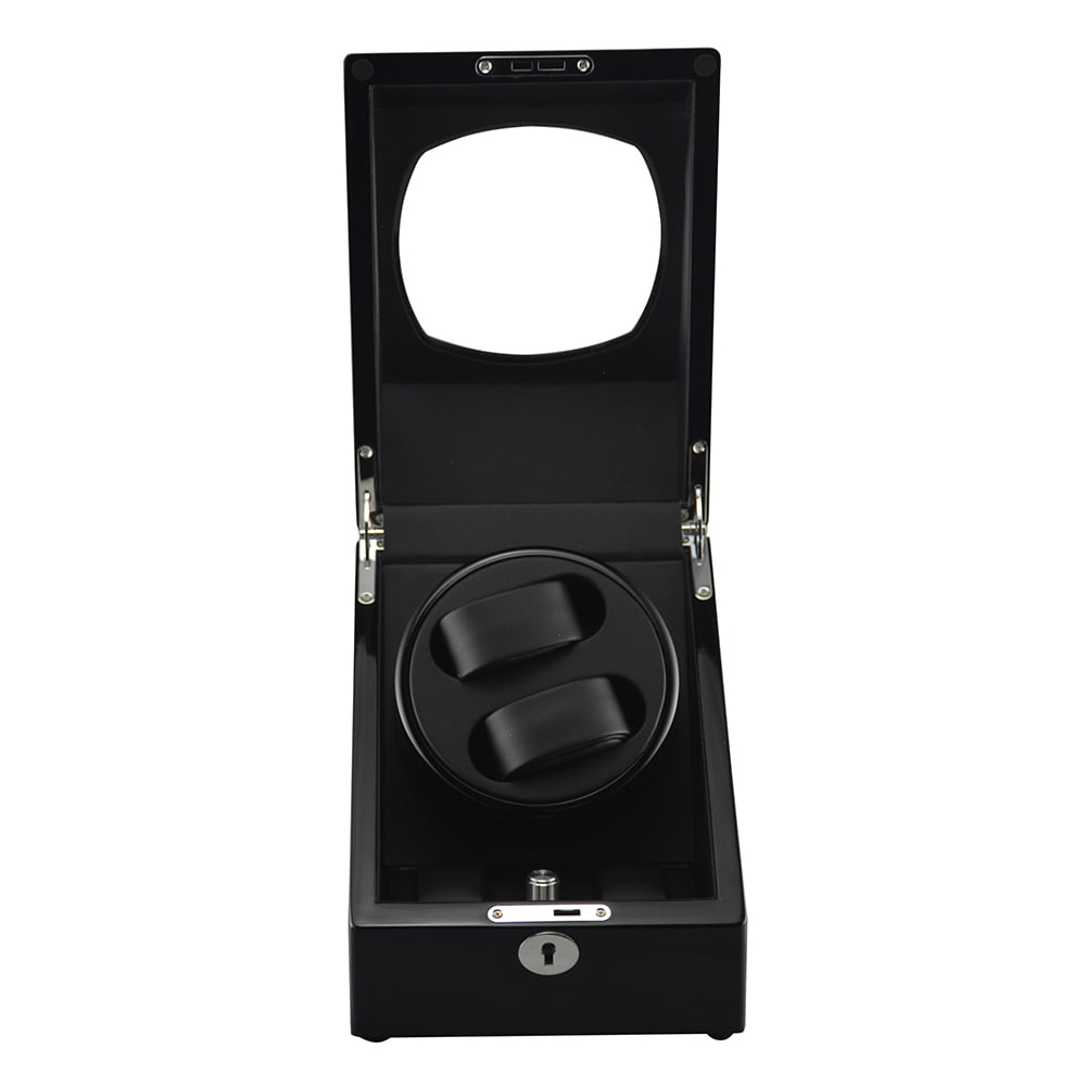Open black 2-watch winder front view with two watches and tempered glass lid