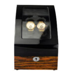 Black zebra wood grain watch winder with glossy exterior and tempered glass display