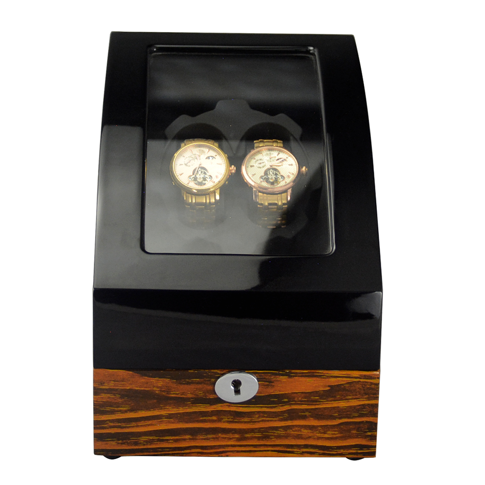 Black zebra wood grain watch winder with glossy exterior and tempered glass display