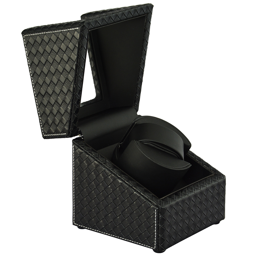 Open single watch winder with black woven PU leather exterior and single winding position