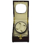 Open ebony 2-watch winder with beige interior, dual-watch winding module and gold-tone hardware