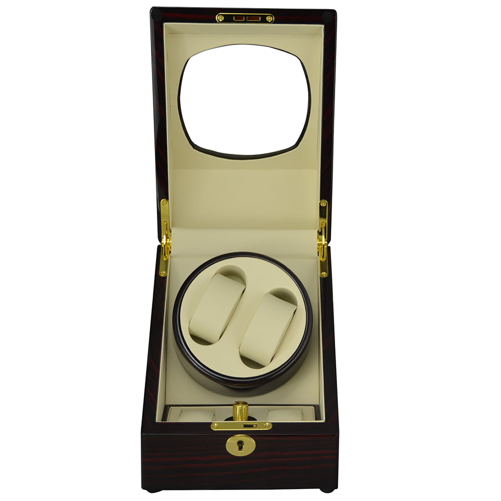 Open ebony 2-watch winder with beige interior, dual-watch winding module and gold-tone hardware