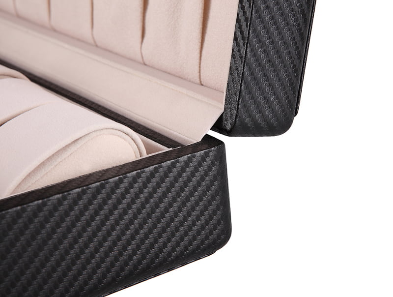 18 watch case with black carbon fiber exterior and beige velvet interior