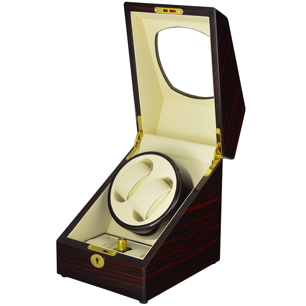 Ebony 2-watch winder open at an angle with beige interior and dual-watch winding module