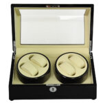 Four watch winder with open lid and beige PU leather-wrapped interior