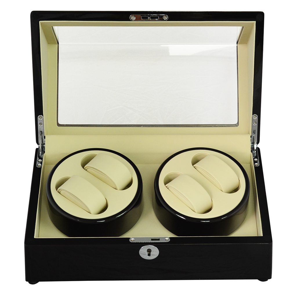 Four watch winder with open lid and beige PU leather-wrapped interior