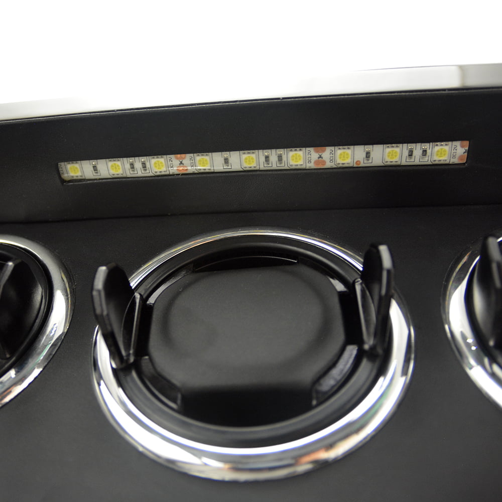 6 watch winder interior with LED light, black watch cushion and circular winding compartment
