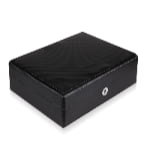 Closed 18 watch case with black carbon fiber-wrapped exterior and hardware lock
