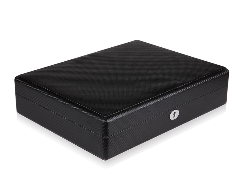 Closed 18 watch case with black carbon fiber-wrapped exterior and hardware lock