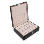 Open 18 watch case with beige velvet interior and individual watch cushions