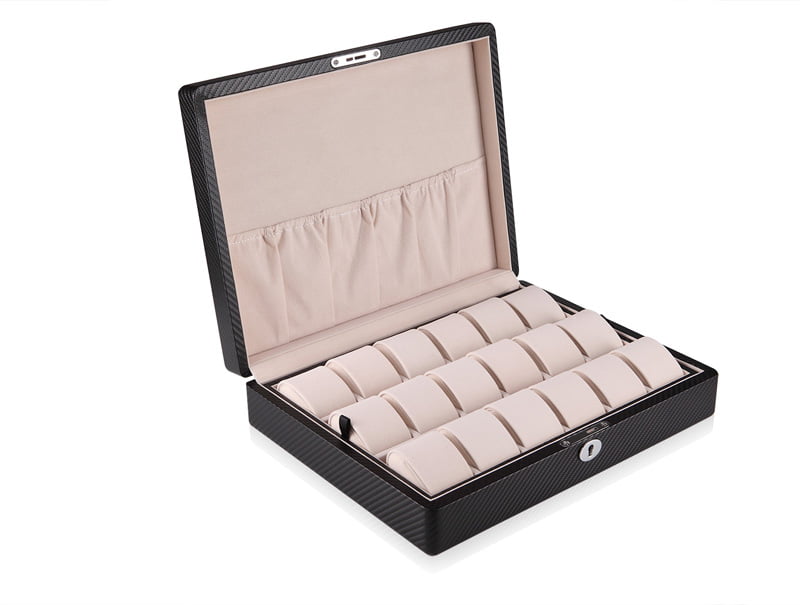 Open 18 watch case with beige velvet interior and individual watch cushions