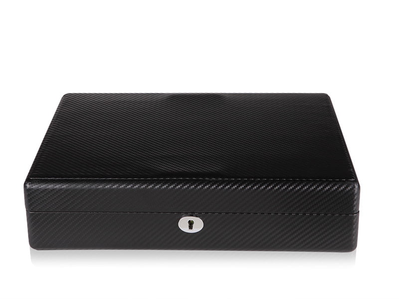 Closed carbon fiber watch storage case with front hardware lock