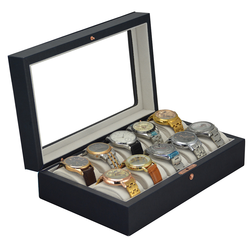 Customized watch collection storage case with leather finish and glass display window