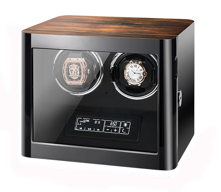 2 watch winder storage case with zebra stripe exterior, touchscreen control, LED light and black interior display