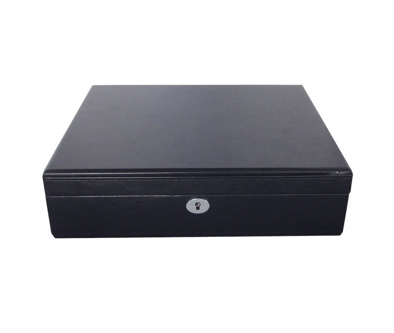 Black leather watch band organizer box closed with hardware lock