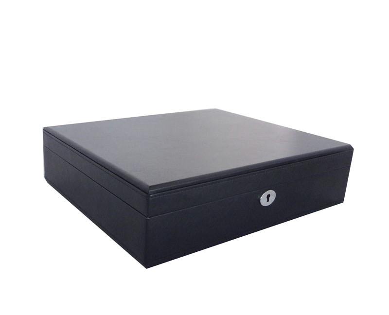 Black leather watch strap storage case angled view with structured design