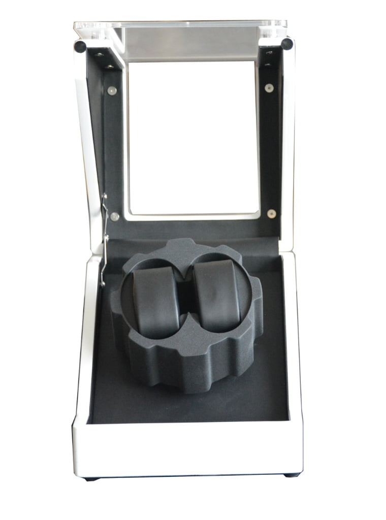 White automatic watch winder open display with black interior and watch cushion