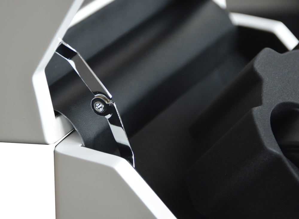 White watch winder hinge detail with acrylic display cover