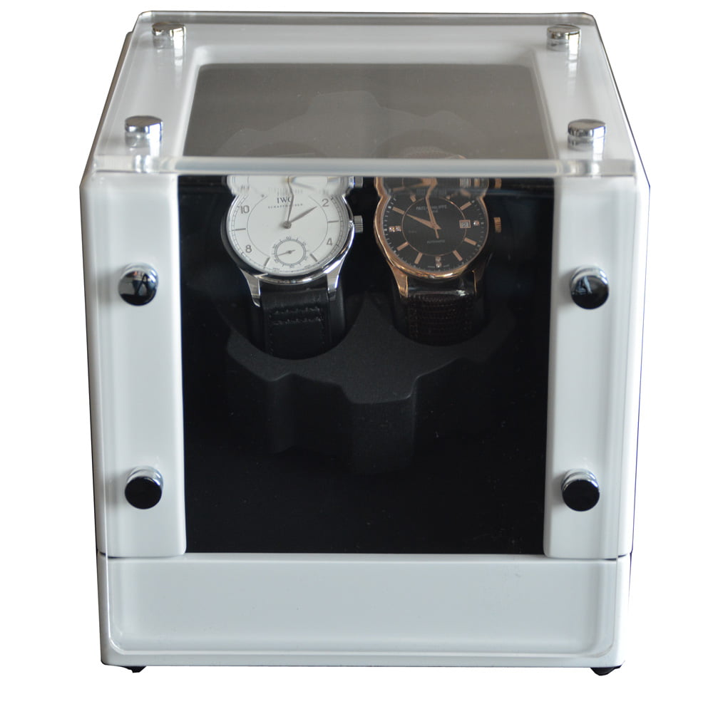 White automatic watch winder angled view with black interior