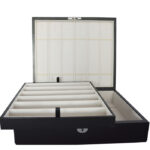Black leather watch strap box open view with double layer storage compartments