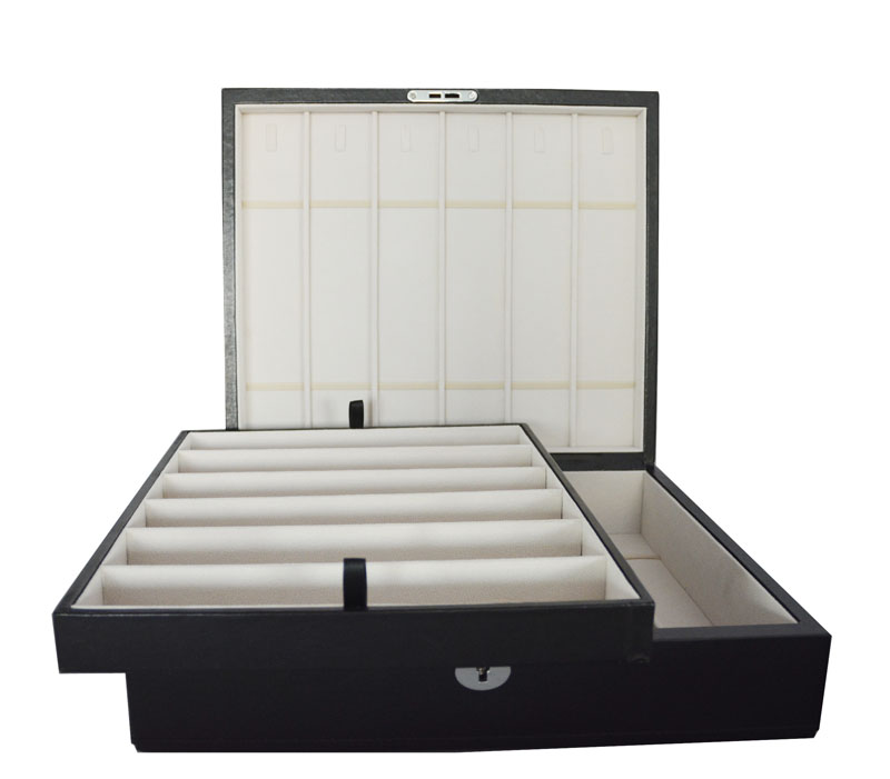 Black leather watch strap box open view with double layer storage compartments