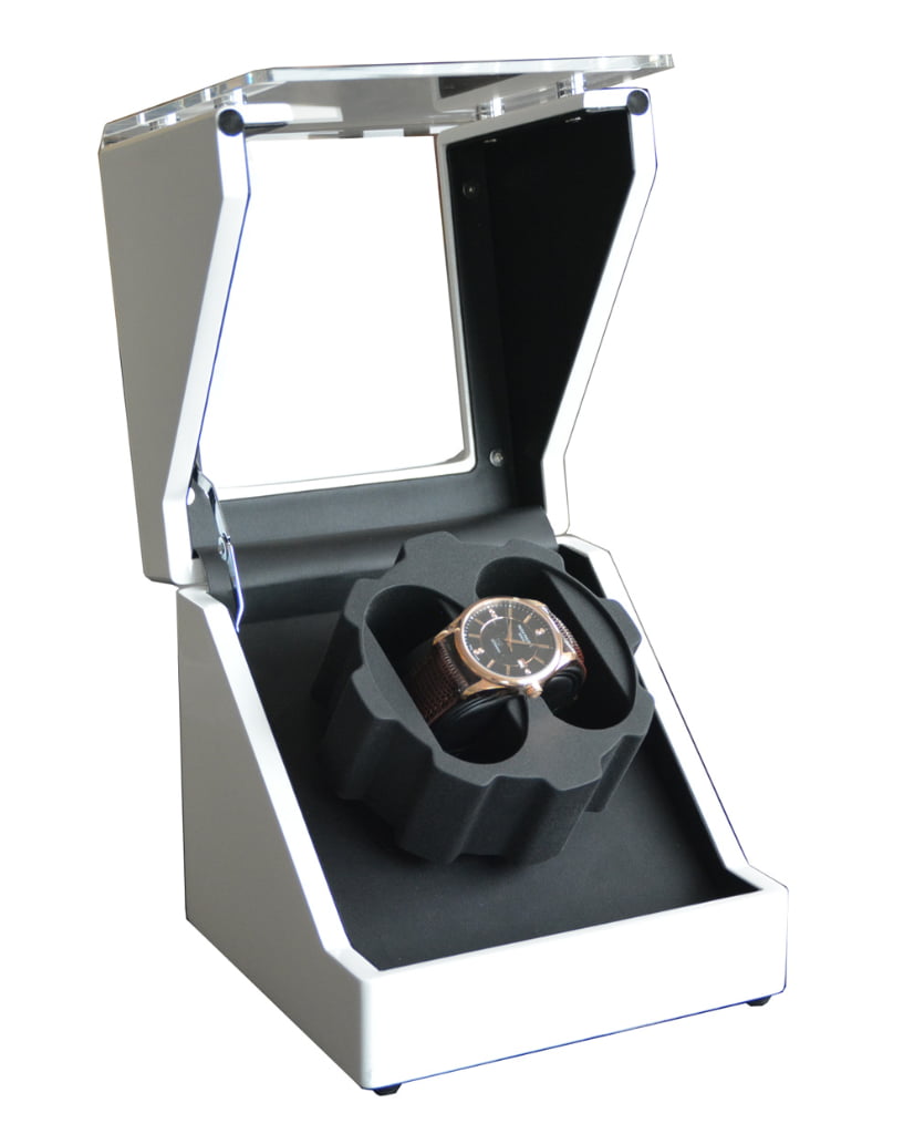 White automatic watch winder front view with acrylic display window