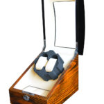 Wood grain watch winder display box with black zebra finish and premium design