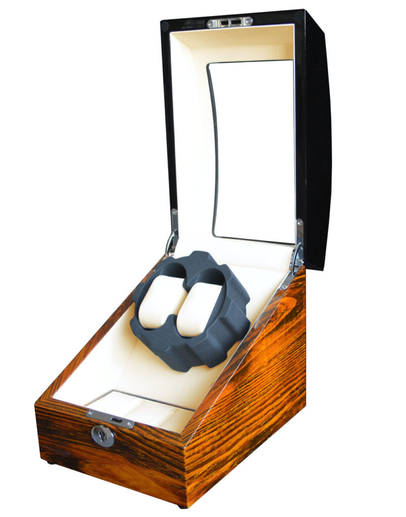 Wood grain watch winder display box with black zebra finish and premium design