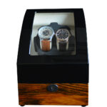 Wood grain watch winder display box with zebra stripe exterior and tempered glass window