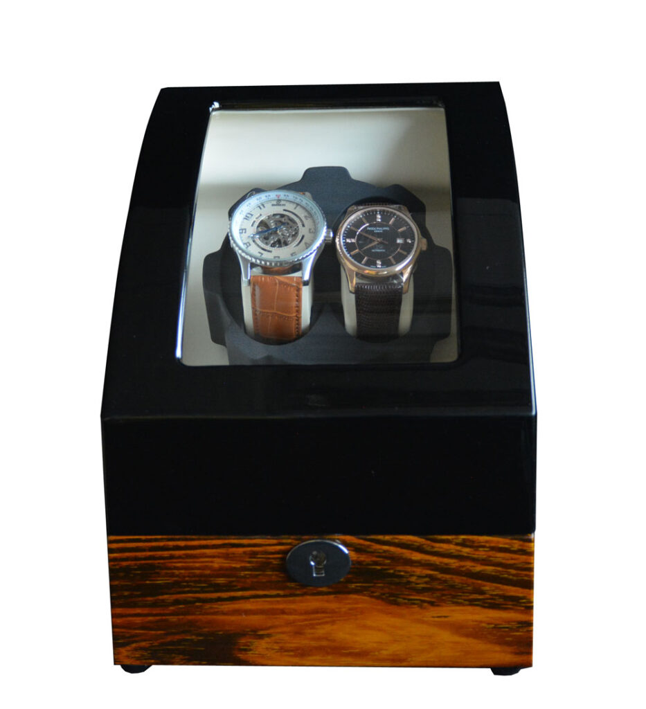 Wood grain watch winder display box with zebra stripe exterior and tempered glass window