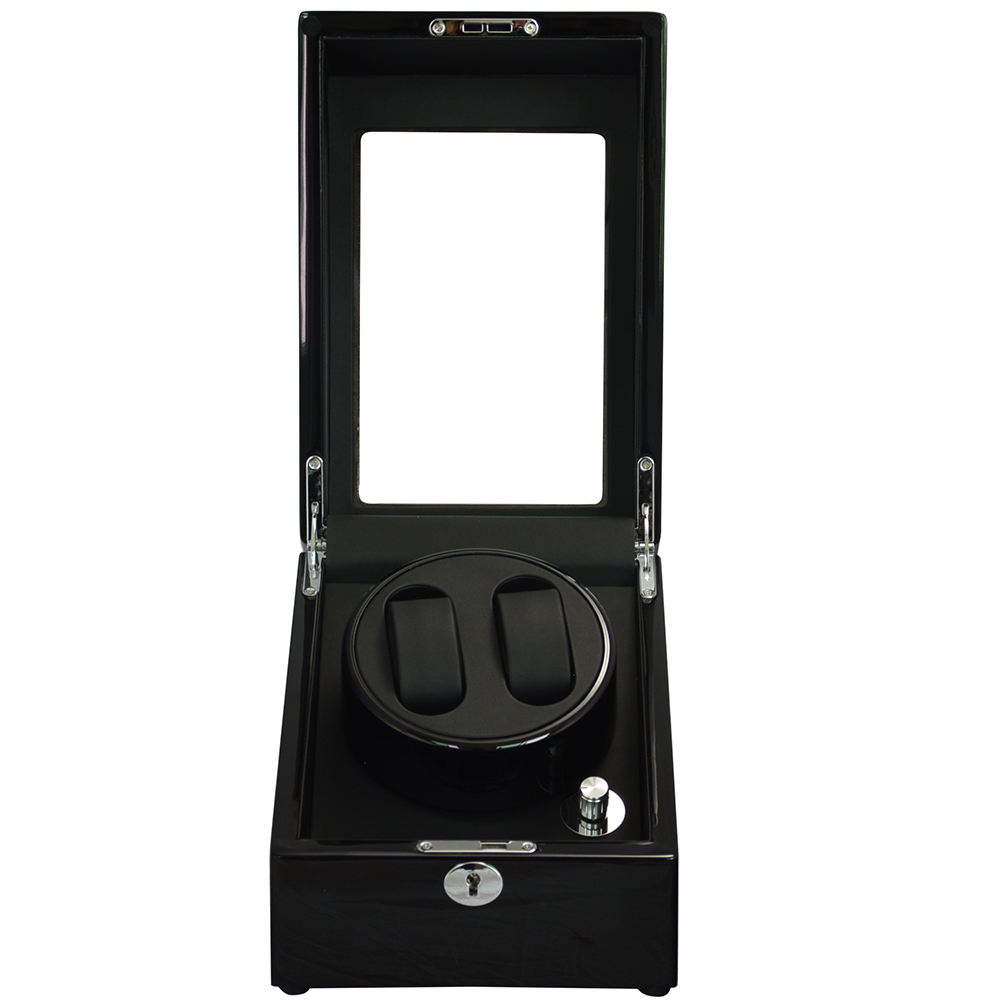 Black watch winder open view with PU leather interior and watch storage positions