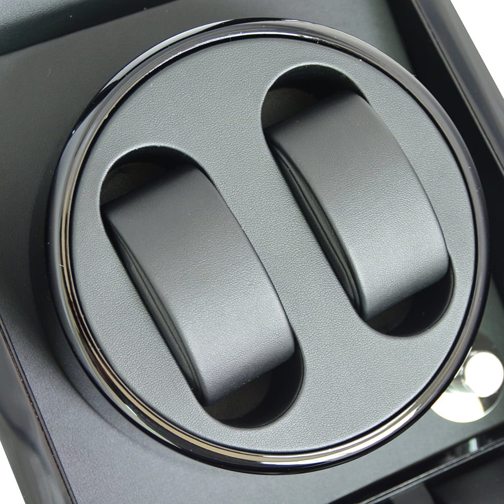 Black watch winder with PU leather wrapped interior and watch cushions