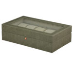Grey leather watch presentation box front view with acrylic top window and snap closure
