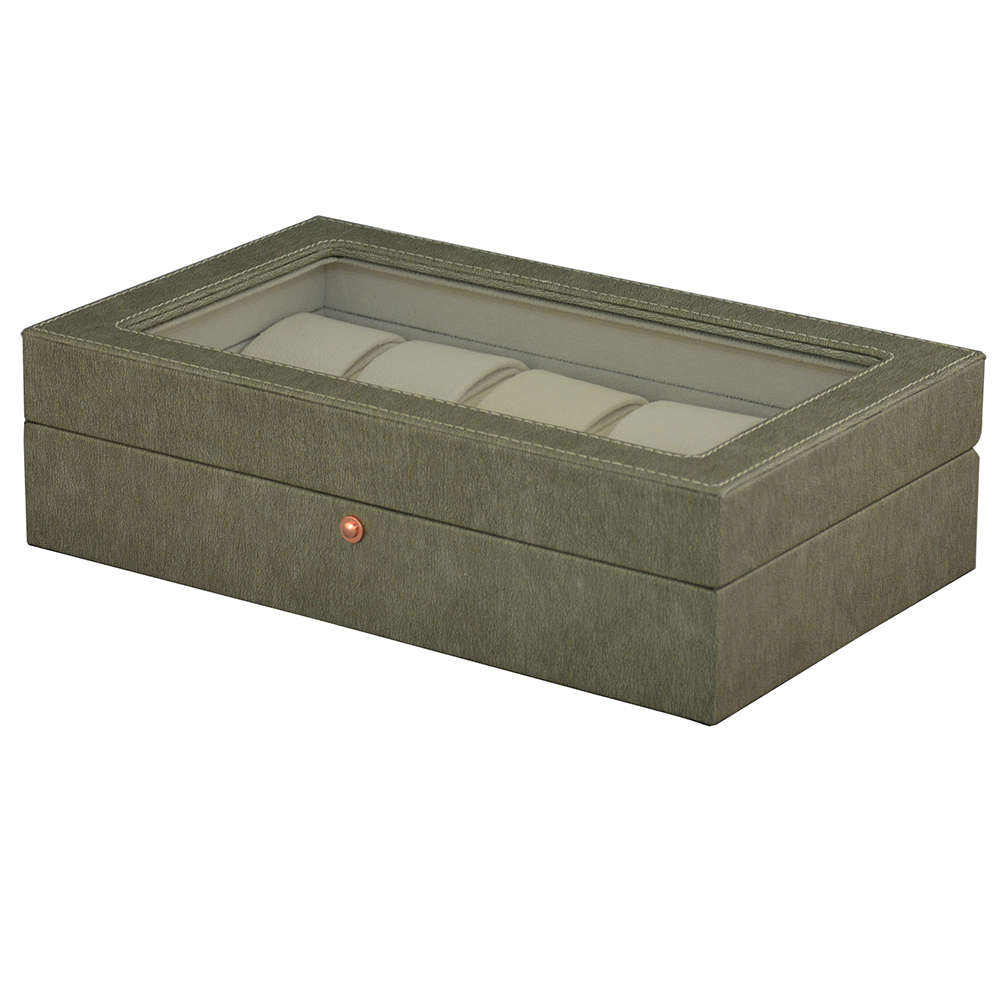 Grey leather watch presentation box front view with acrylic top window and snap closure