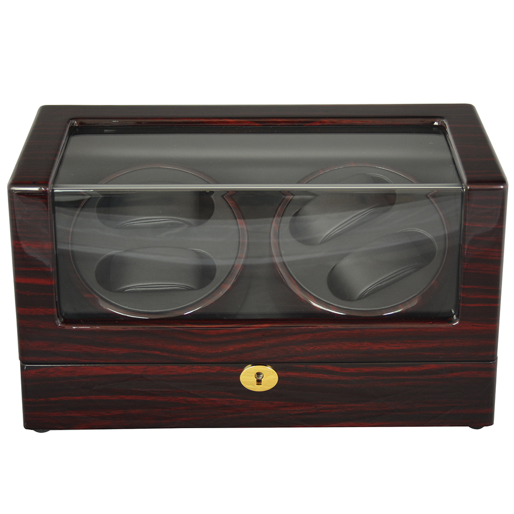 Double watch winder box with ebony glossy exterior and acrylic display window