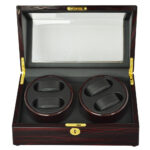 Double watch winder box displaying watches with premium black interior finish