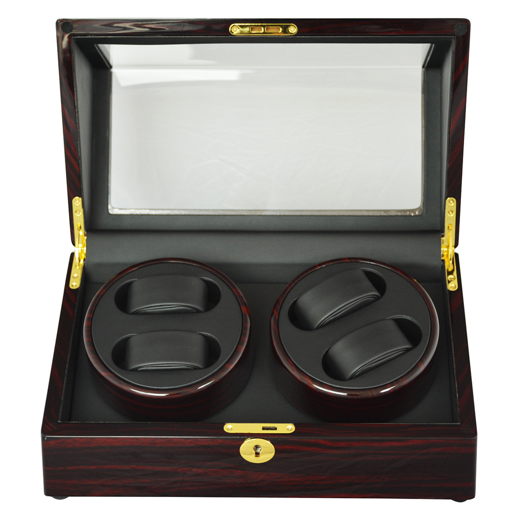 Double watch winder box displaying watches with premium black interior finish