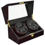 Double watch winder box open view with black PU leather interior and watch cushions