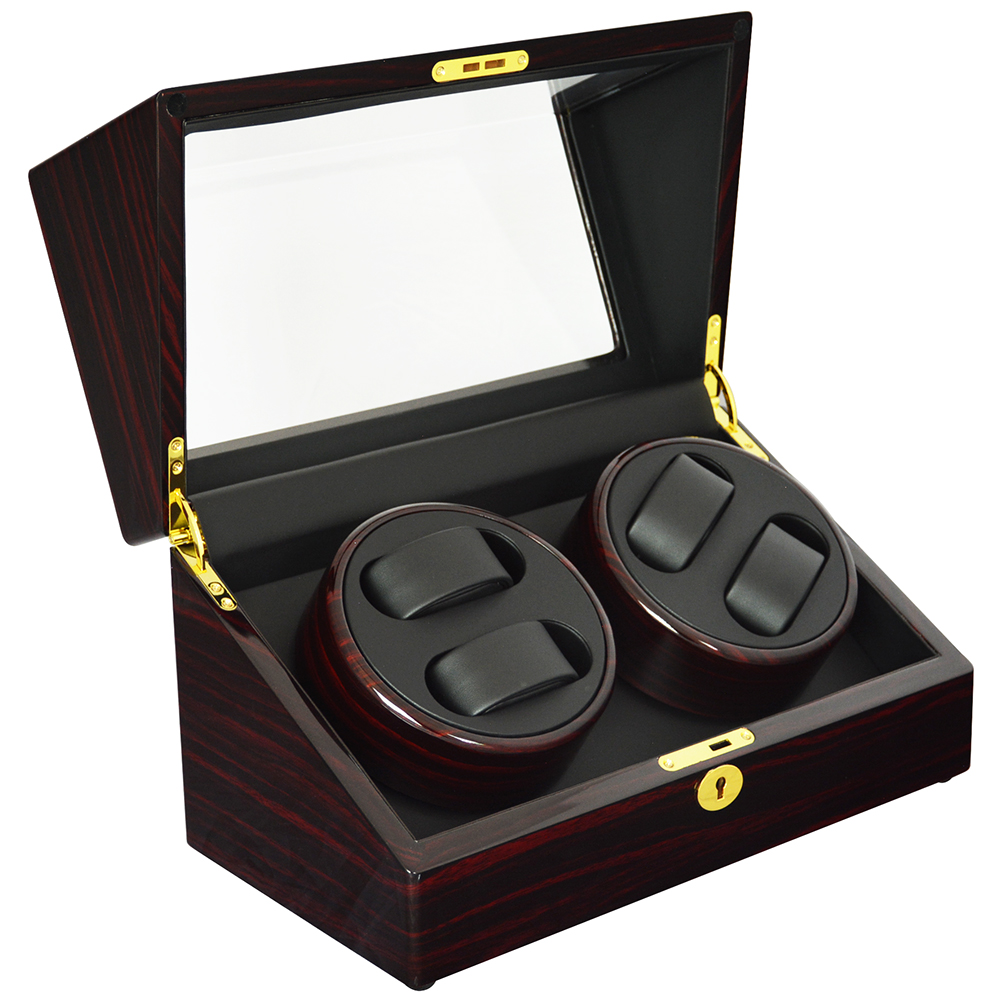 Double watch winder box open view with black PU leather interior and watch cushions